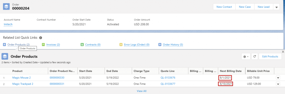 Salesforce Revenue Cloud Order Products with different Next Billing Date